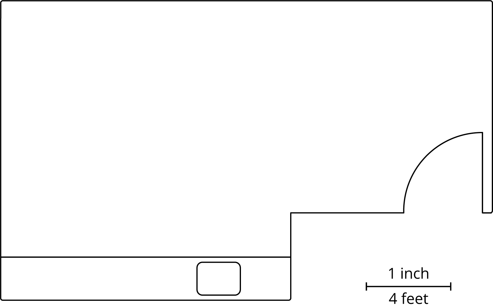 A scale drawing of a room's floor plan. A scale is shown indicating 1 inch equals 4 feet.