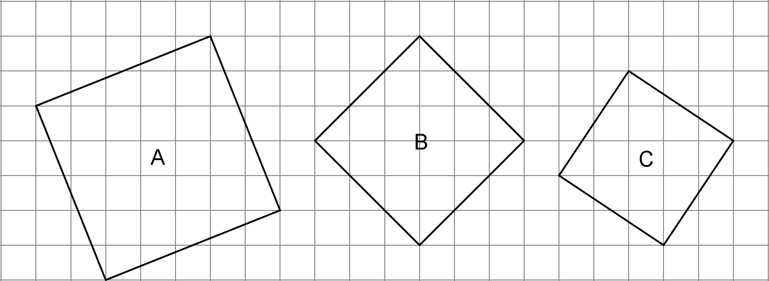3 squares labeled A, B, C. Square A, side length = square root of 29. Square B, side length = 18. Square C, side length = square root of 13.