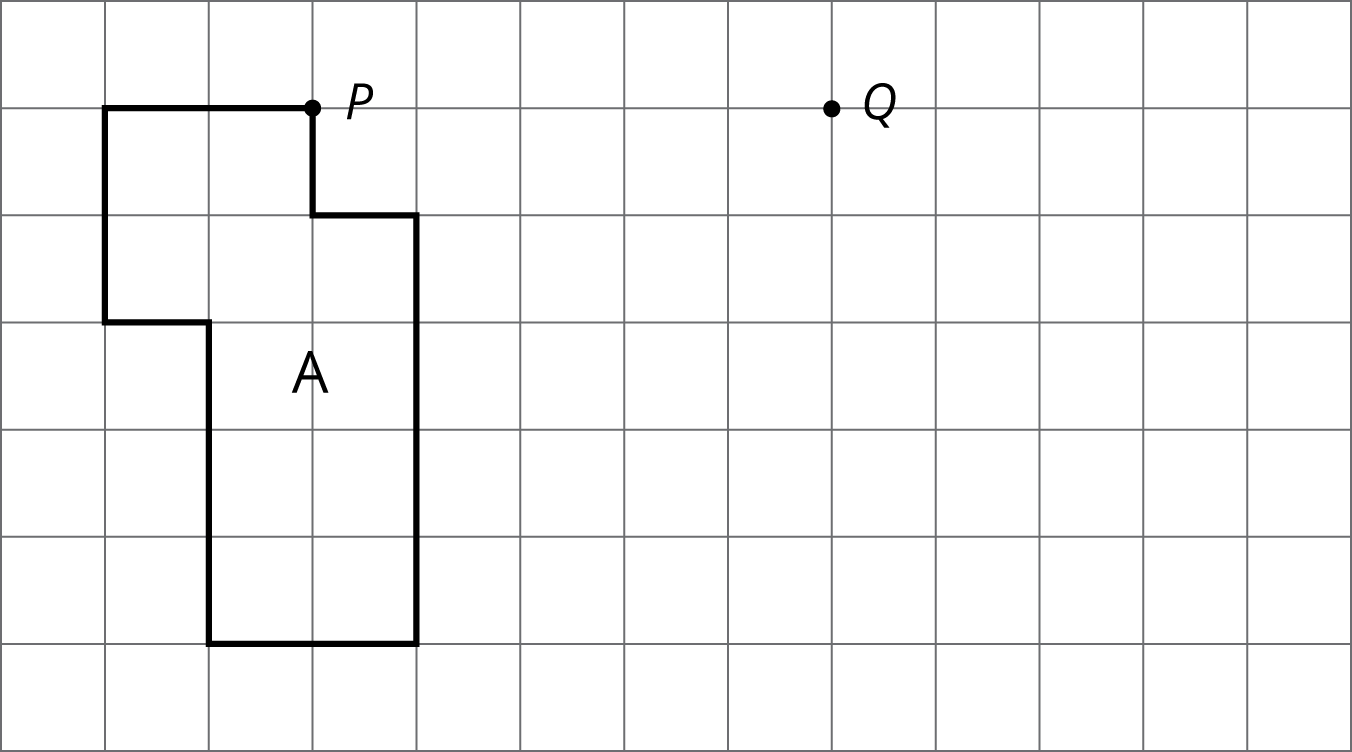 A six sided polygon on a square grid with one vertex labelled P. A point Q is labelled 5 squares to the right of point P.