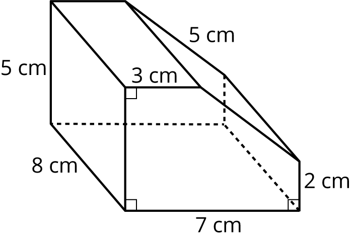 A prism with a pentagon base, all lengths centimeters. The pentagon is a rectangle 5 tall by 7 wide, with a triangle 3 tall by 4 wide removed from the corner. The prism has height 8.