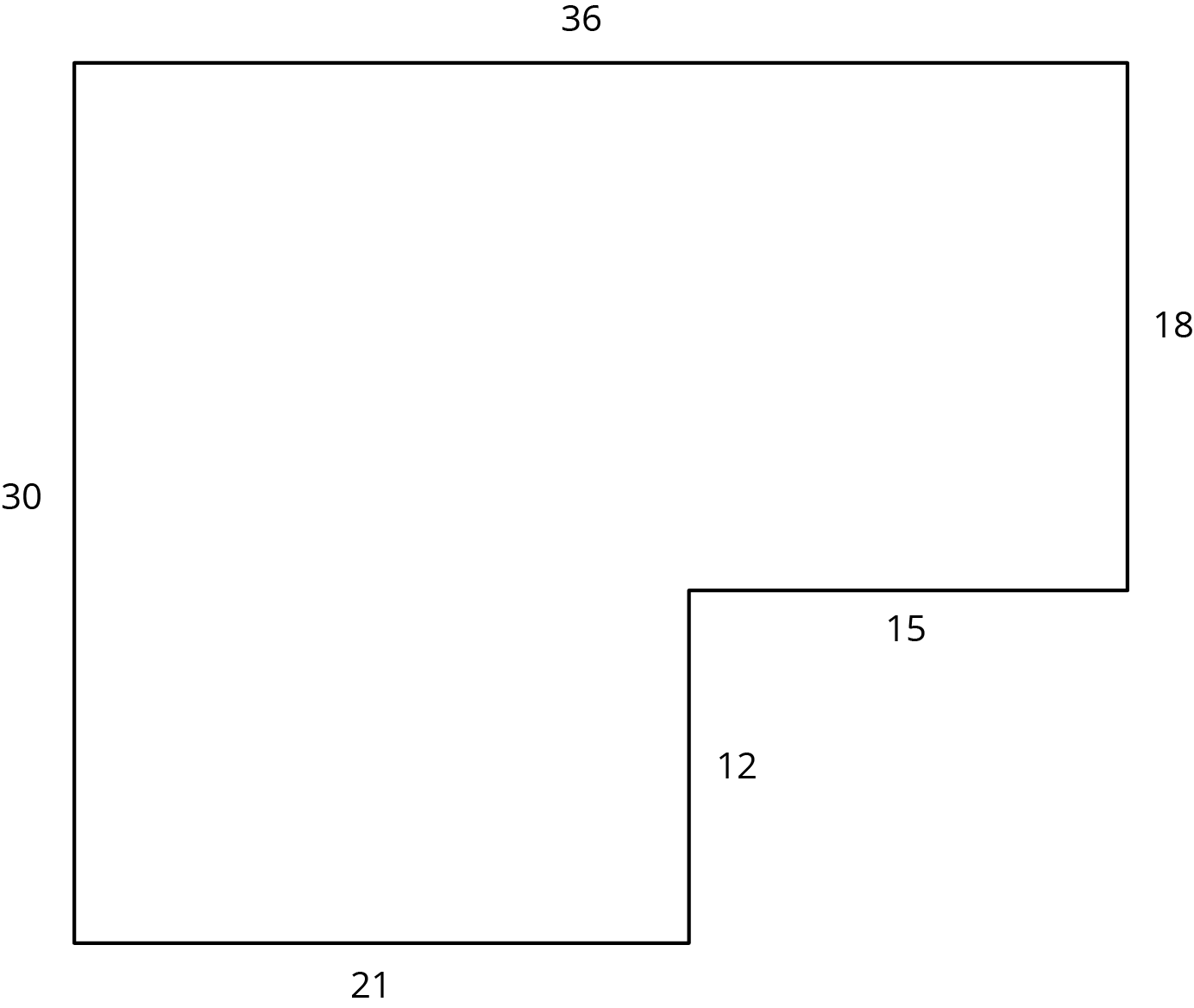 Original polygon is a rectangle of height 30 and length 36 with a rectangle of height 12 and length 15 removed from the bottom right corner.