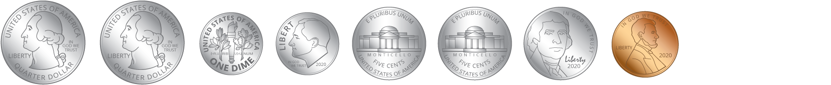 Coins. 2 quarters. 2 dimes. 3 nickels. 1 penny.