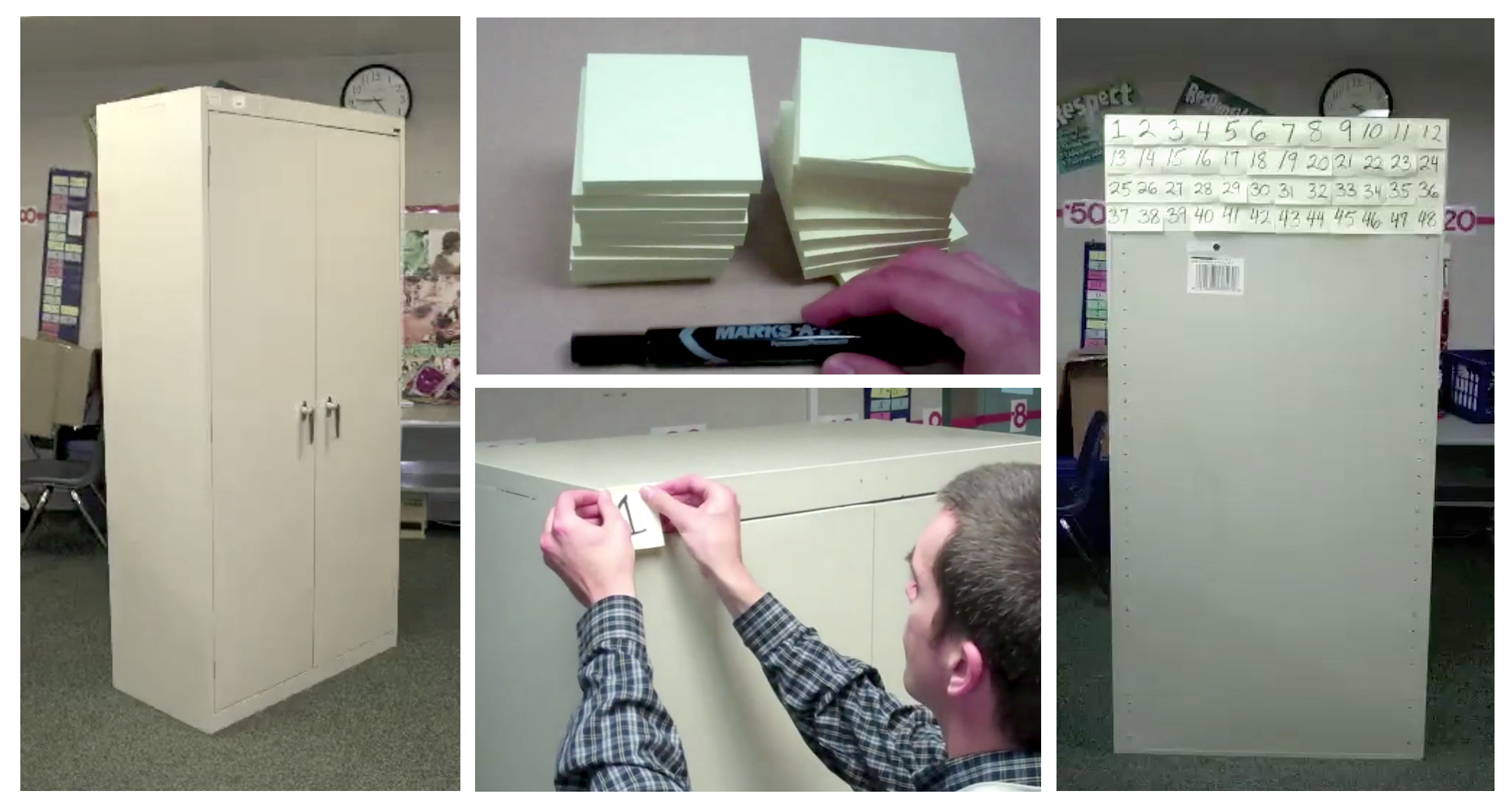 4 photographs of a teacher covering the outside of a large cabinet with post it notes
