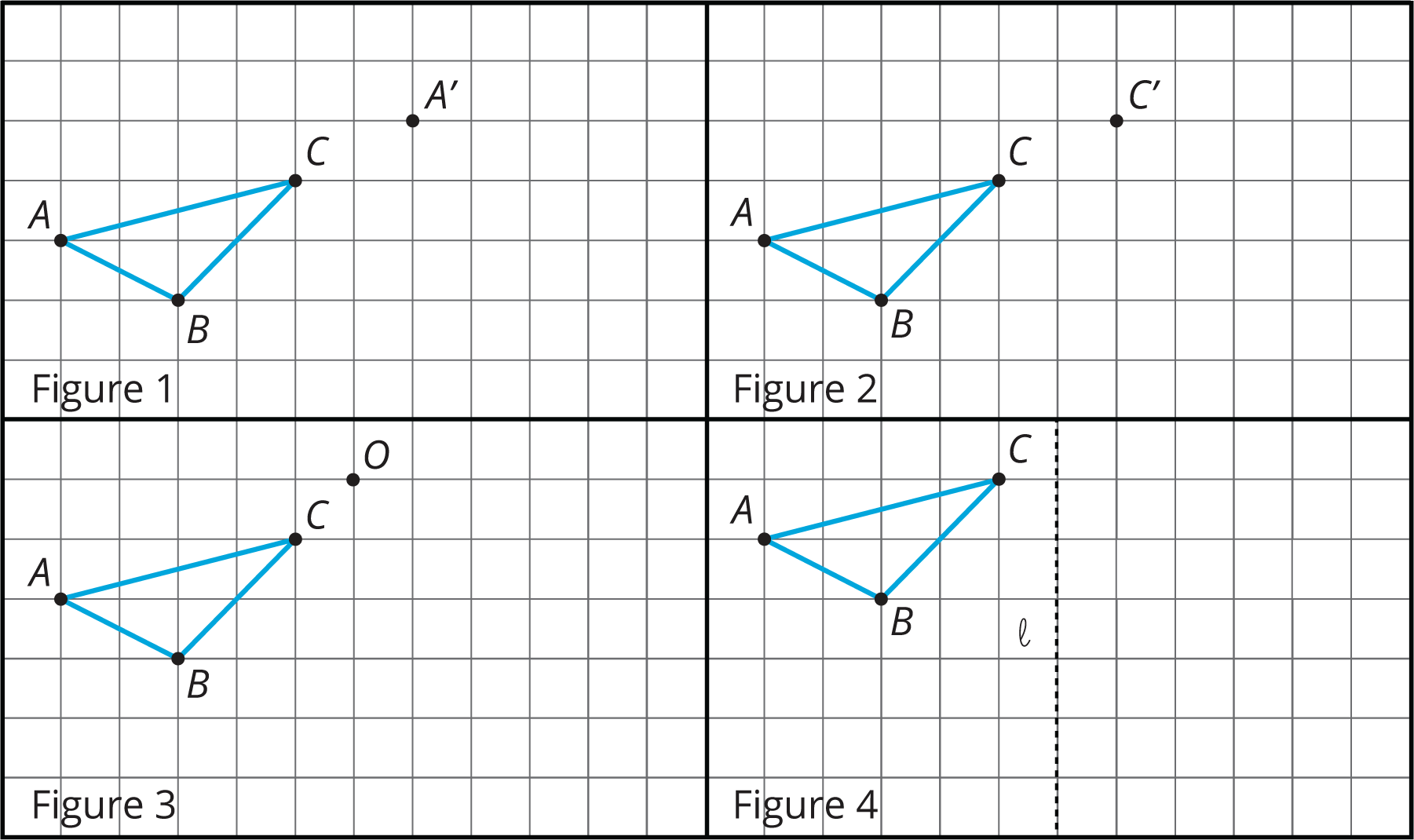 Four triangle A B C figures on a grid.