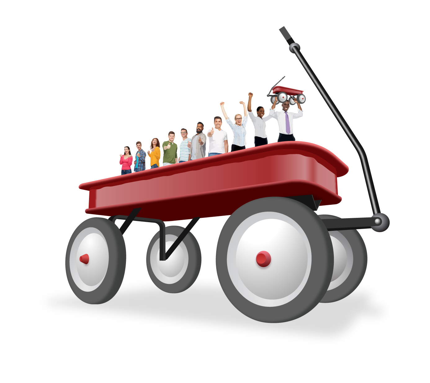 picture of a big wagon with people inside, including a person holding a smaller wagon