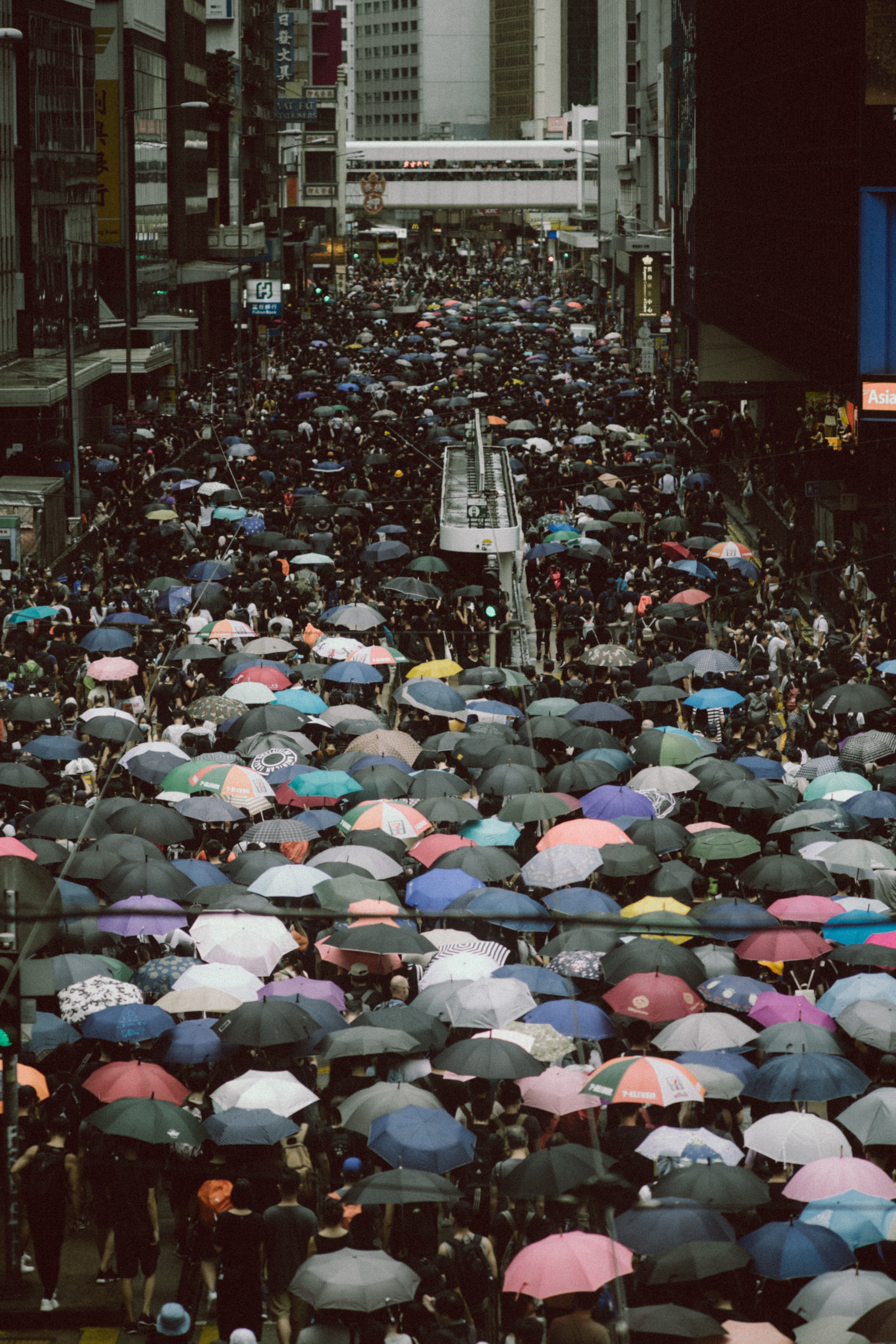 photograph. street crowded with people. many have umbrellas.