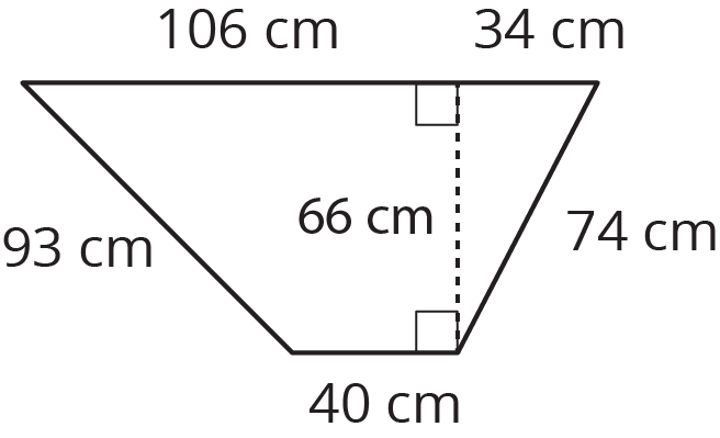 A trapezoid, all units centimeters. First base, 40. Non-parallel sides, 93, 74. Second base is split in 2 pieces, 106, 34, by the altitude, 66.