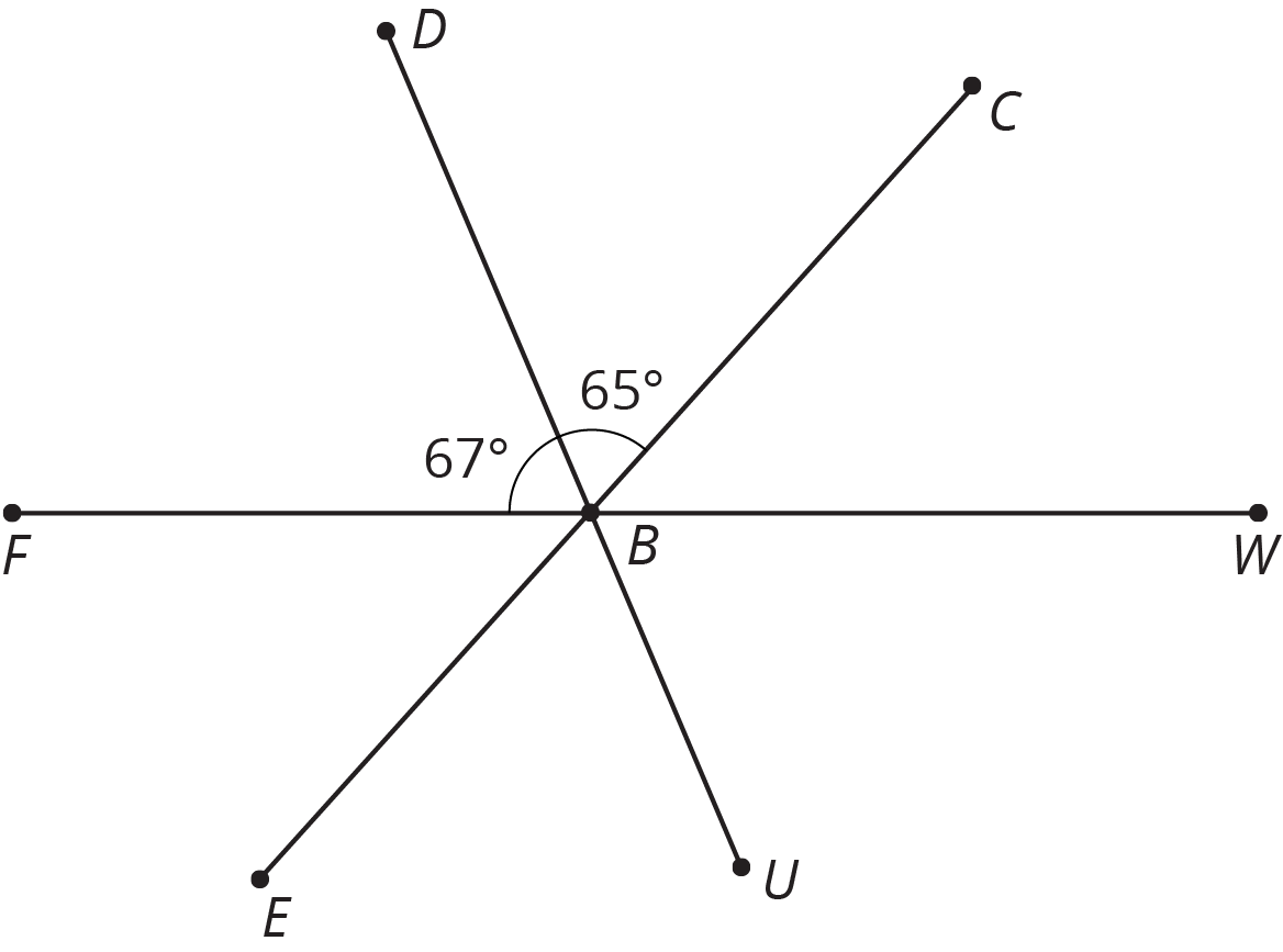 Three lines meet, forming 6 angles. The measures are 67 degrees, 65 degrees, blank, blank, blank, blank.