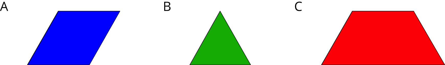 Three images of pattern blocks labeled A, B, and C. A is a blue rhombus. B is a green triangle. C is a red trapezoid.