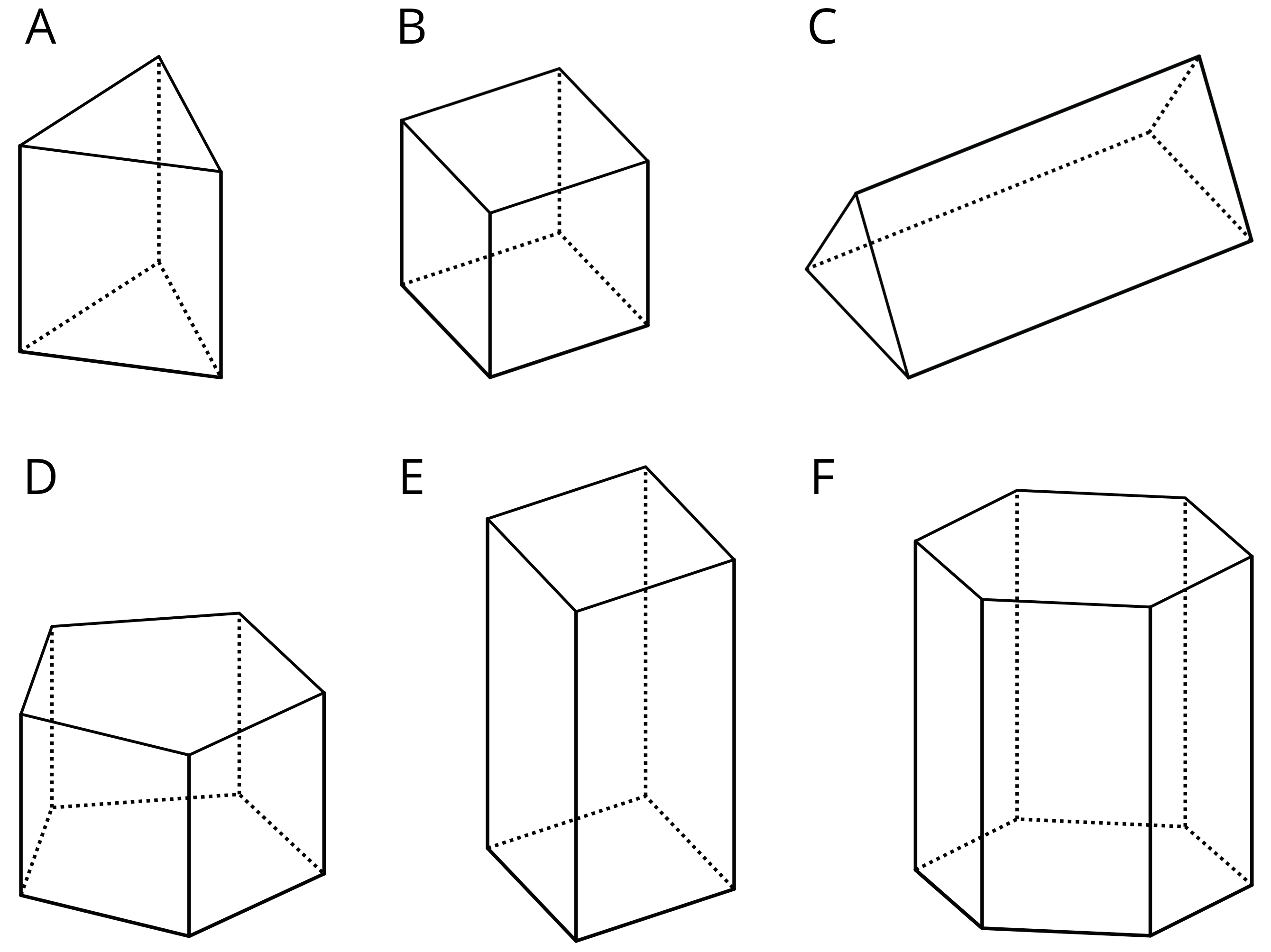 Six prisms, labeled A, B, C, D, E, and F.