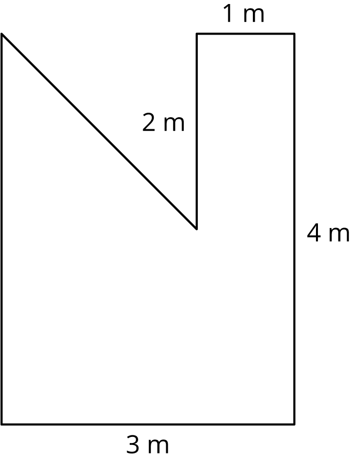 An odd 6-sided shape with some sides labeled. Starting at the top and moving clockwise, 1 m, 4 m, 3 m, unknown, unknown, 2 m.