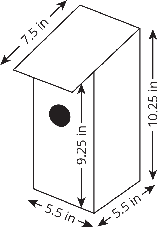 diagram of birdhouse with dimensions provided.