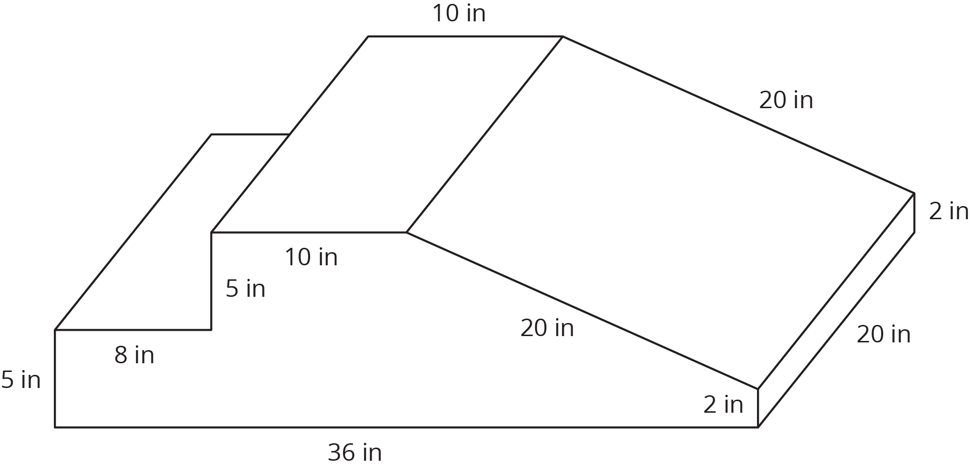 A prism, all units inches. Base, an irregular polygon. Starting in the corner, go up 5, right 8, up 5, left 10, slope down and right 20, down 2, left 36 returns to starting place, prism height 20.