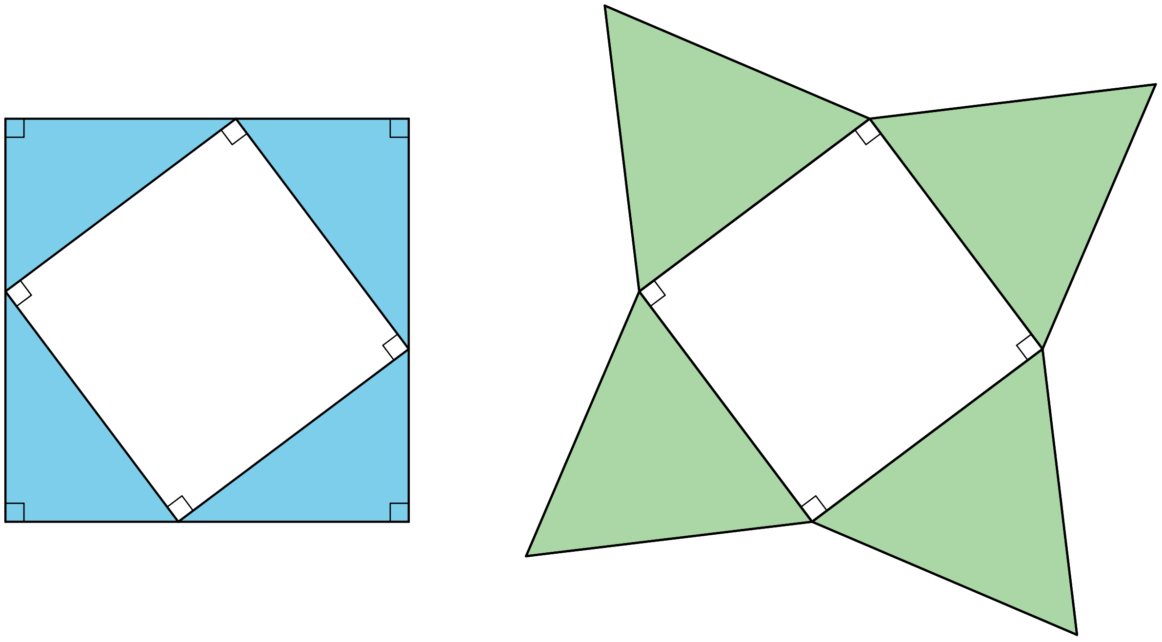 two figures both made up of a square and four triangles.