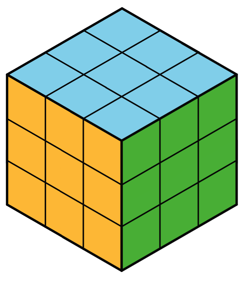 A cube with 3 faces shown. Each face has a dimension of 3 by 3 units.