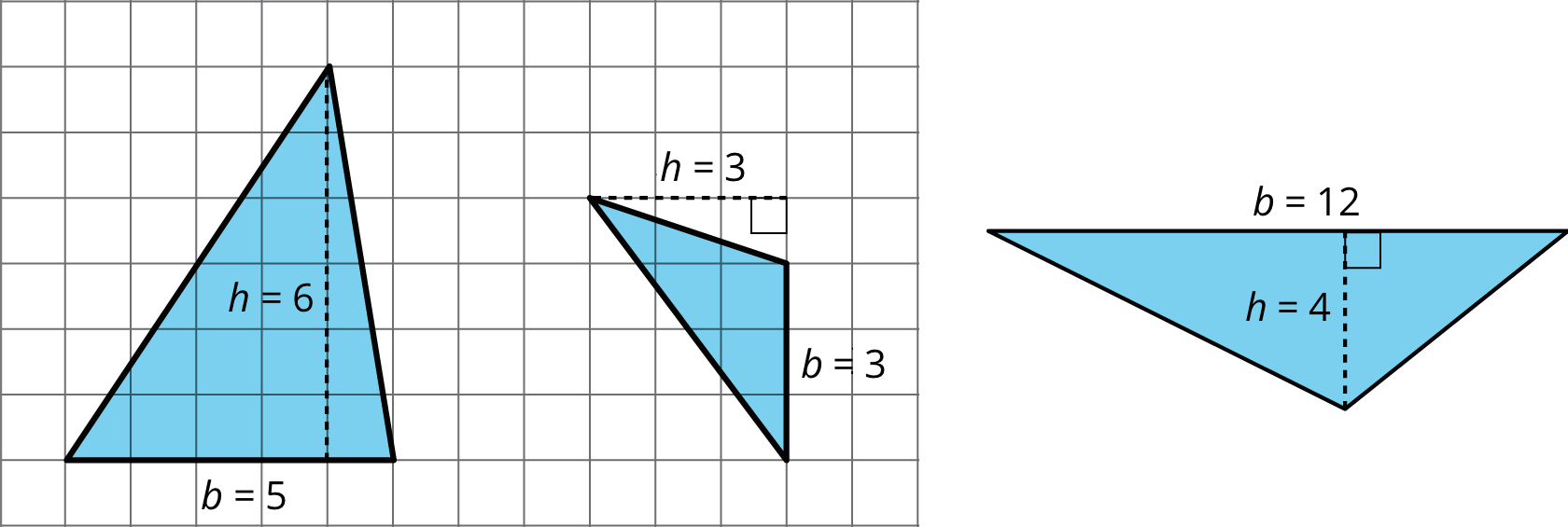 Three figures: triangle A with base 5 and height 6; triangle B with base 3 and height 3; triangle C with base 12 and height 4.