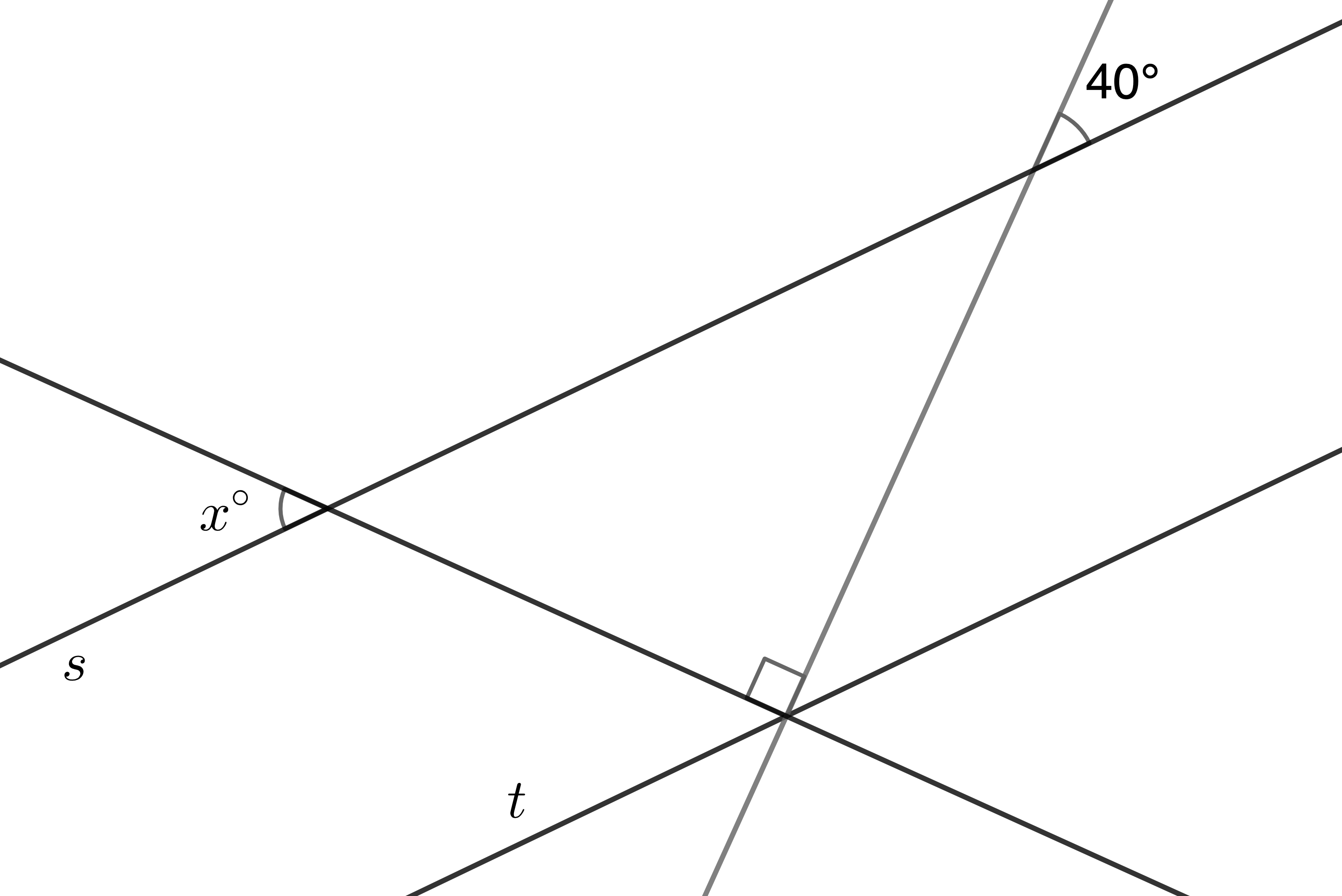Four lines. Two parallel lines are labeled s and t. Two other lines that intersect at a right angle at a point on line t. One angle is labeled 40 degrees. Another angle is labeled x degrees.