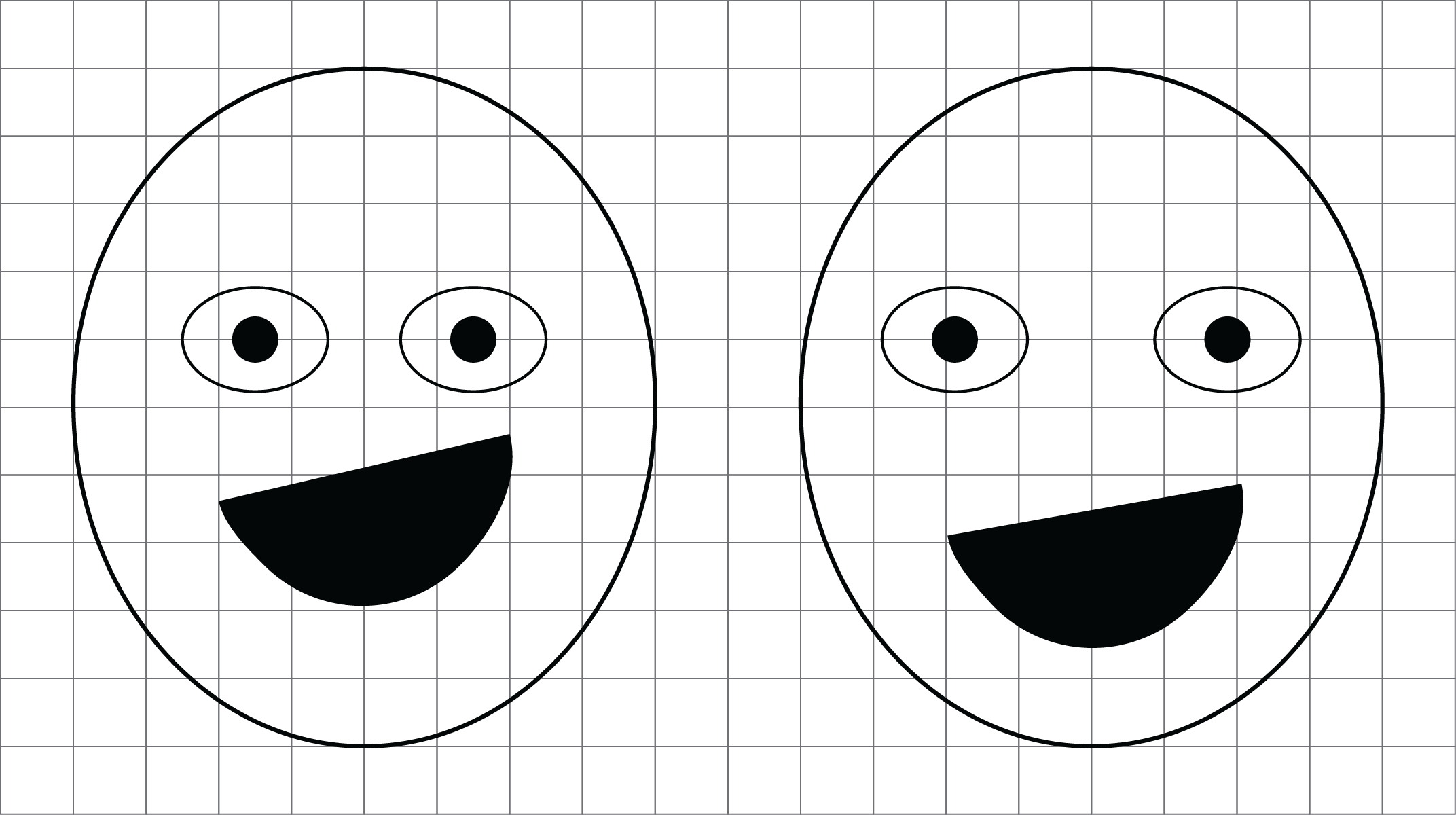 Two faces on a square grid. The heads are the same size, as are the mouths and the eyes. The eyes are closer together and the smile is higher on the left face.