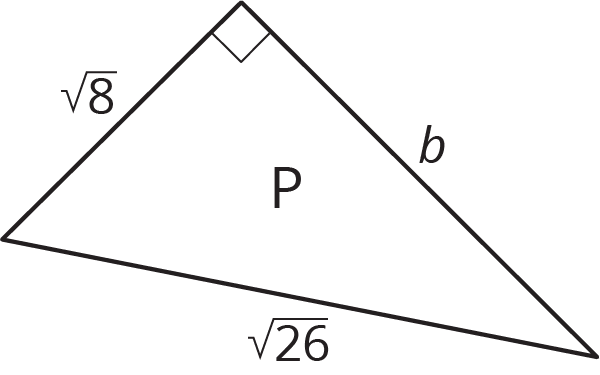 Right triangle, P. legs = square root 8, b. hypotenuse = square root 26.