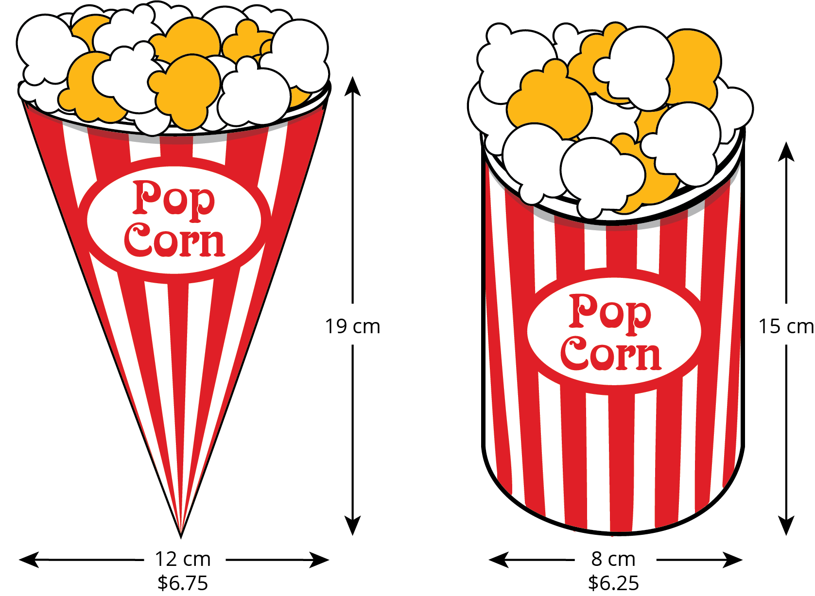 Two popcorn containers. First, cone, diameter 12 centimeters, height 19 centimeters. Second, cylinder, diameter 8 centimeters, height 15 centimeters.