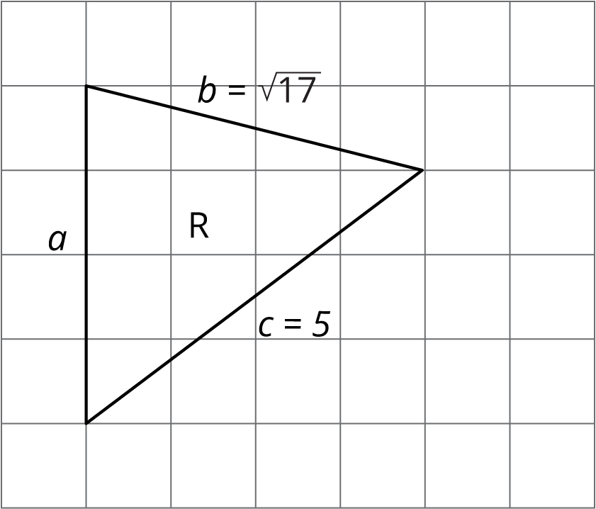 triangle, R on grid. a, b= square root 17, c = 5.