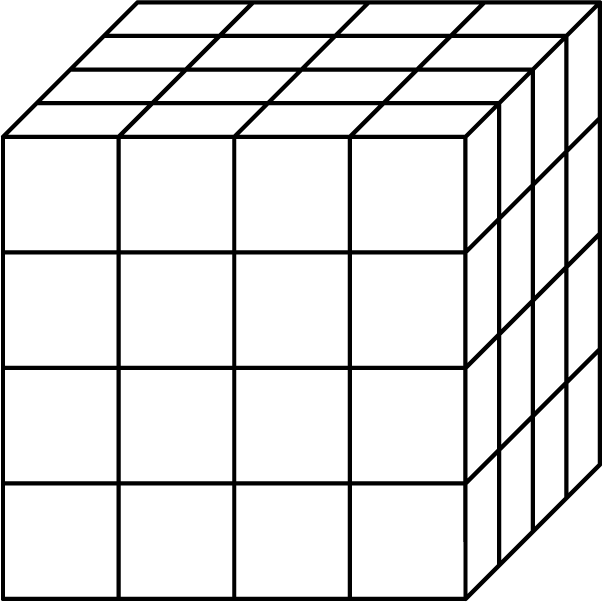 A solid cube composed of 64 unit cubes. Each edge length is 4 unit cubes.