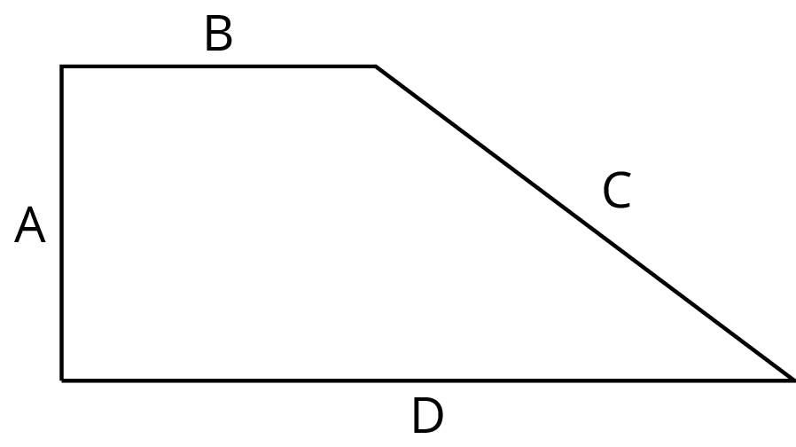 Trapezoid. Vertical side A, top base B, slanted side C, bottom base D.