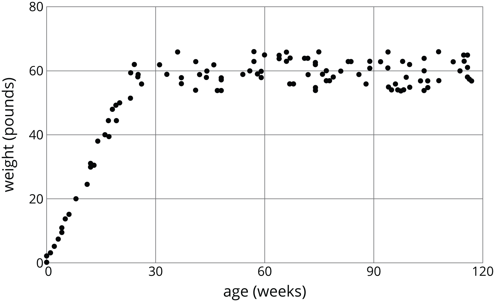 A scatterplot, age in weeks, weight in pounds. From origin, points trend up & right with a consistent slope to around 24 comma 60. From x = 30 to x = 120, points are clustered around the line y = 60.
