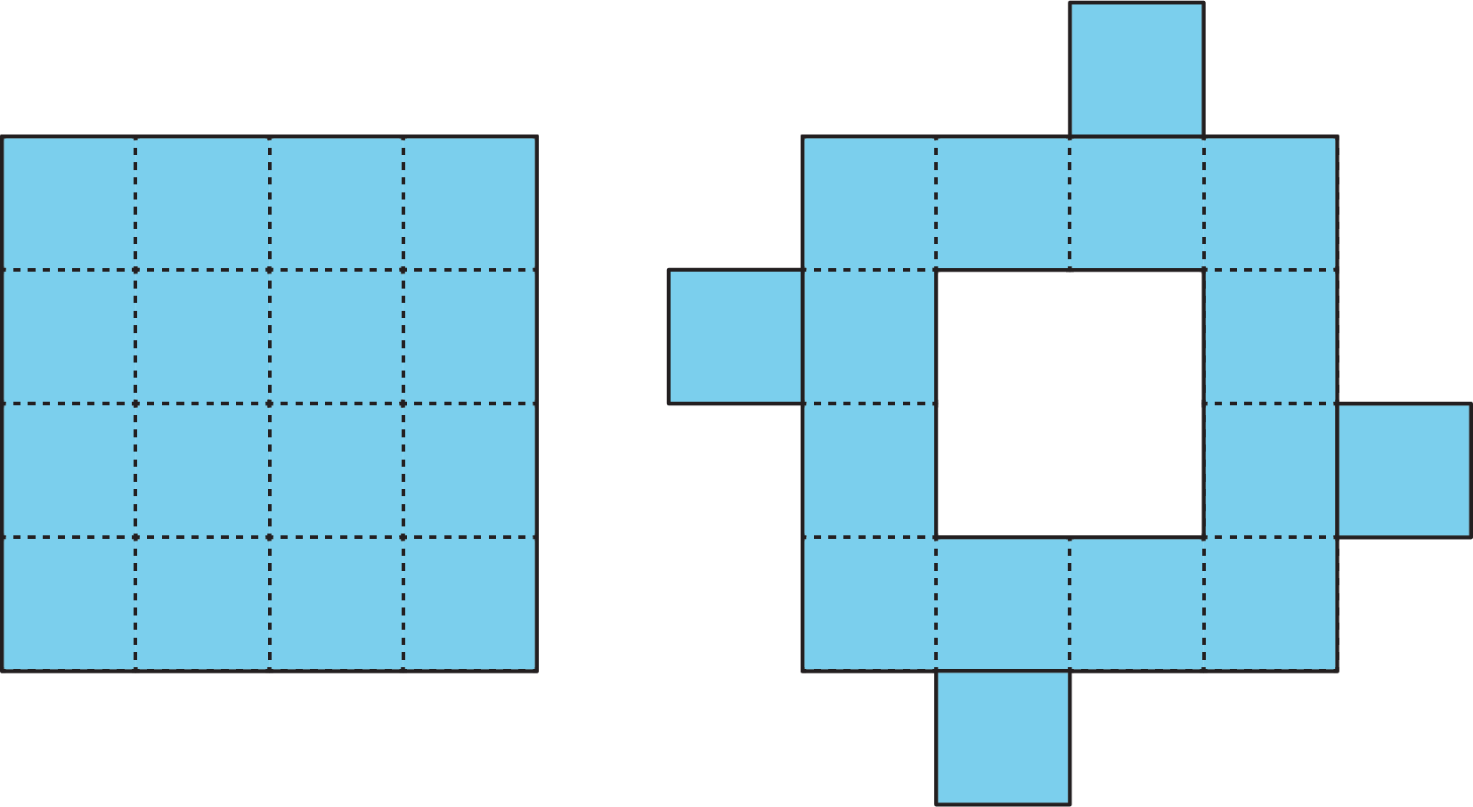 4 by 4 square on left. Irregular shape composed of unit squares on right.