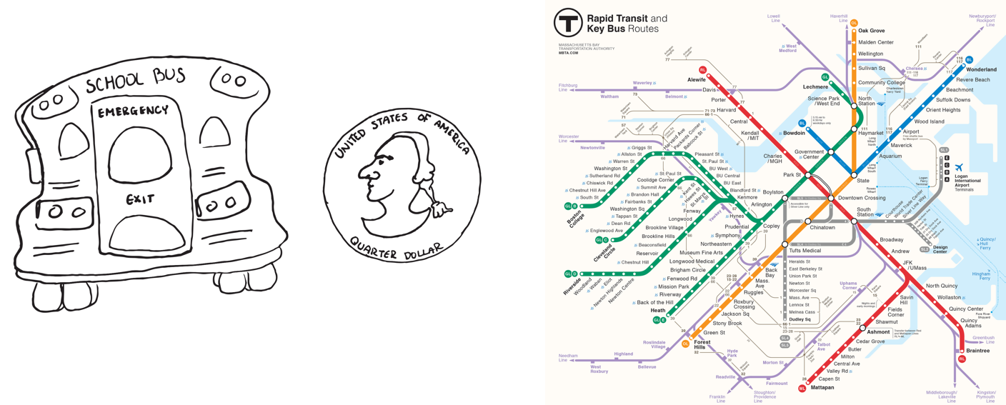 Same items, but they are drawn differently. Examples, the bus is messy, the quarter is not a circle, and the subway lines are more uniform.