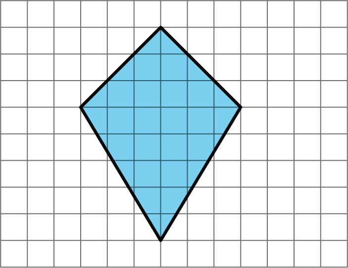 A blue quadrilateral in the shape of a kite. Two smaller sides span across 3 squares. Two longer sides span across 5 squares.