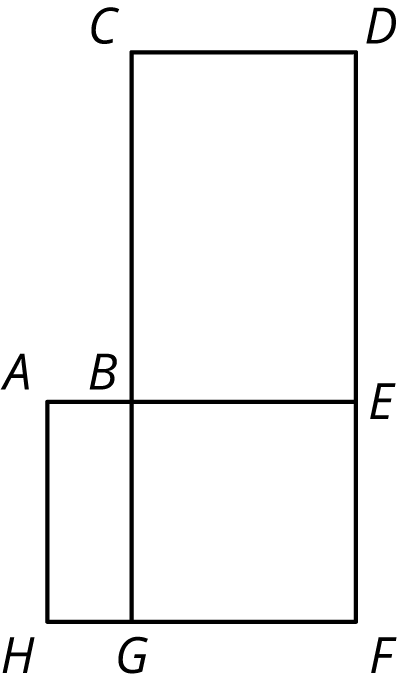 Composite shape made of squares and rectangles. Small rectangle on left bottom, ABGH. Top rectangle, CDEB. Bottom square, BEFG.