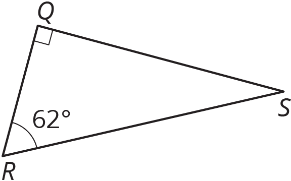 A right triangle, Q, R, S. Angle Q, 90 degrees, angle R, 62 degrees, angle S, unknown.