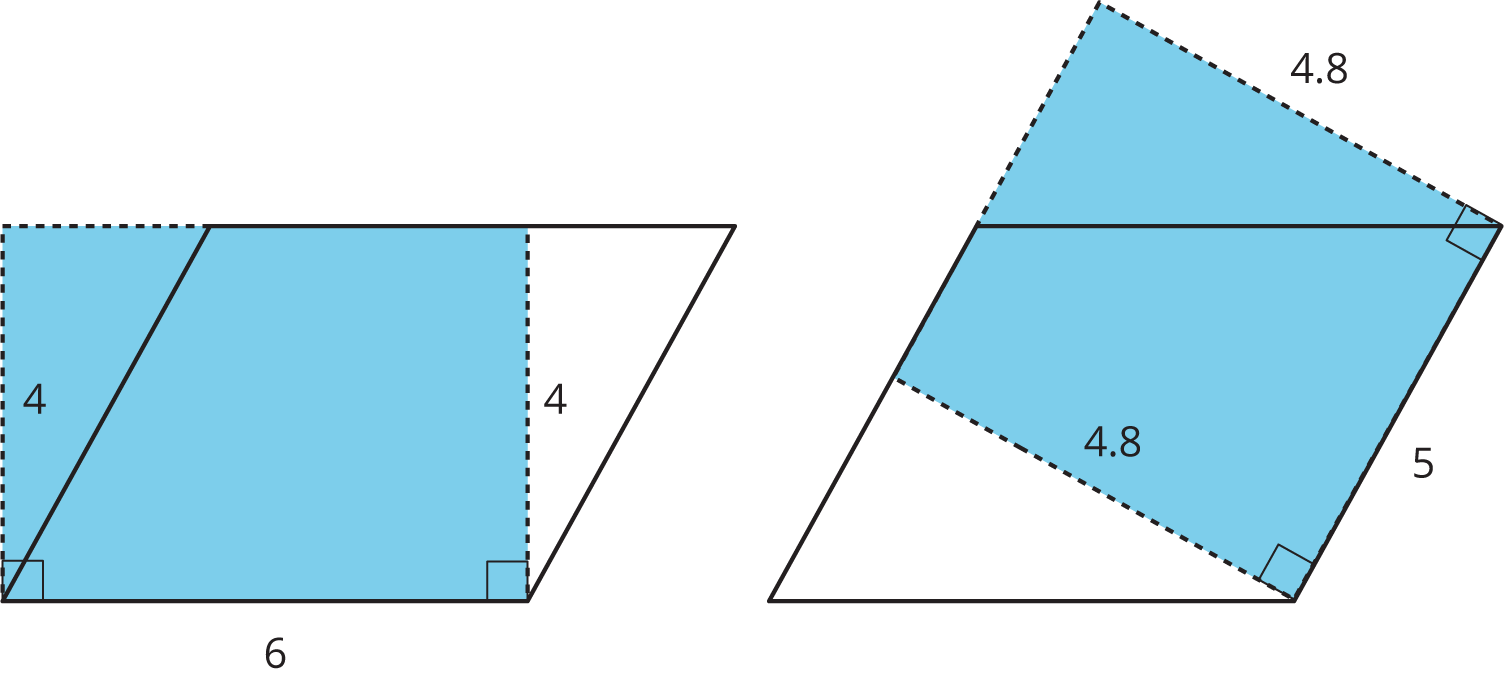 2 parallelograms, On left, base = 6, height = 4. On right, base = 5, height = 4 and 8 tenths.