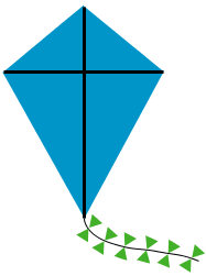 A kite with its two diagonals drawn in. A ribbon hangs off the bottom of the kite.