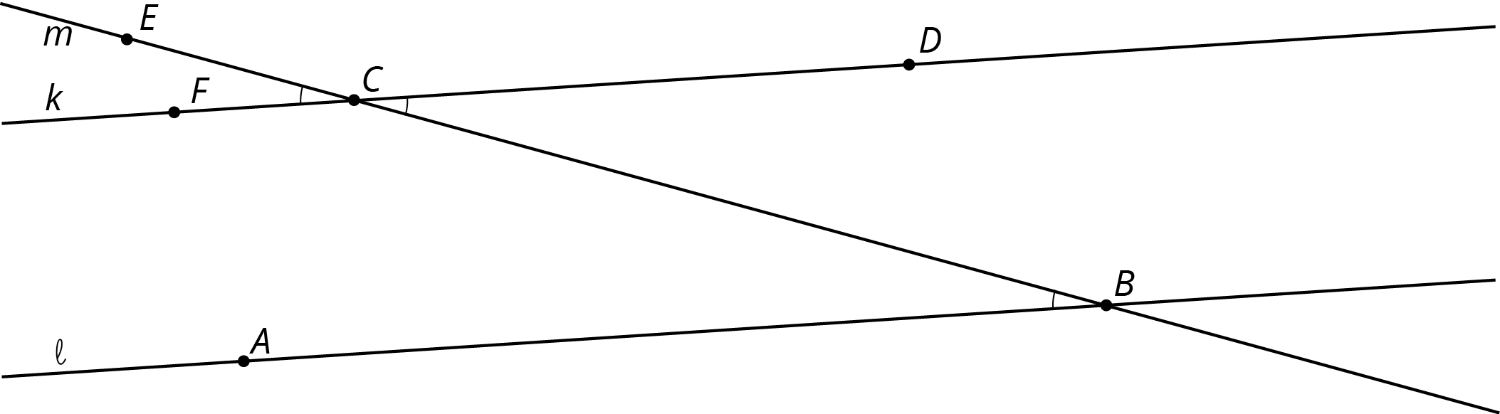 Two parallel lines, k and l, cut by transversal line m.