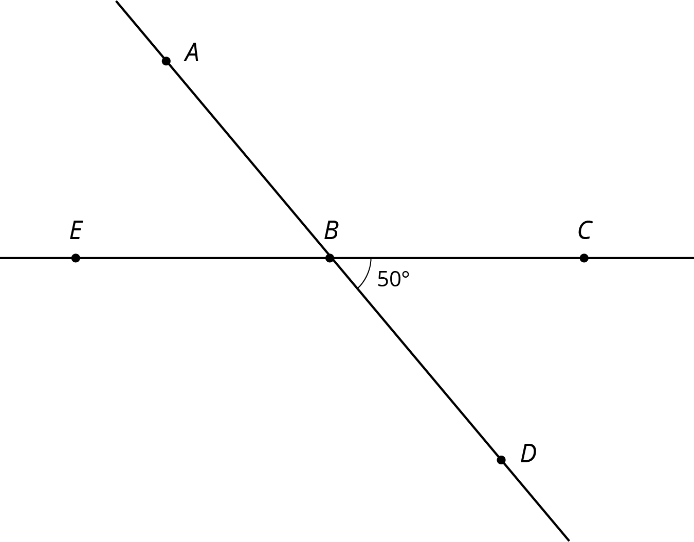 Lines A D and E C intersect at point B. Angle C B D is 50 degrees.