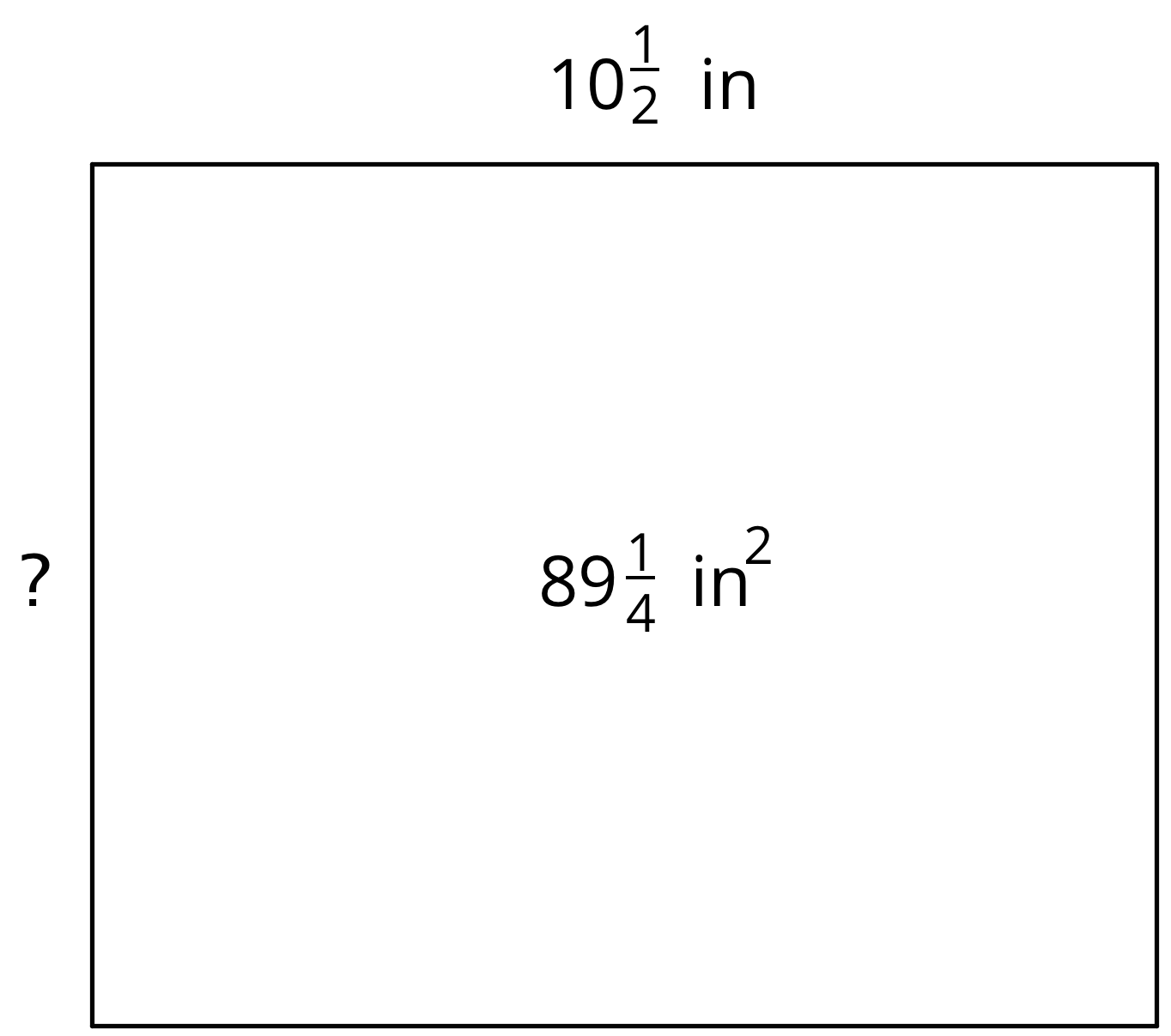 A rectangle with the horizontal side labeled 10 and one half inches and the vertical side labeled with a question mark. In the center of the rectangle, 89 and one fourth square inches is indicated.