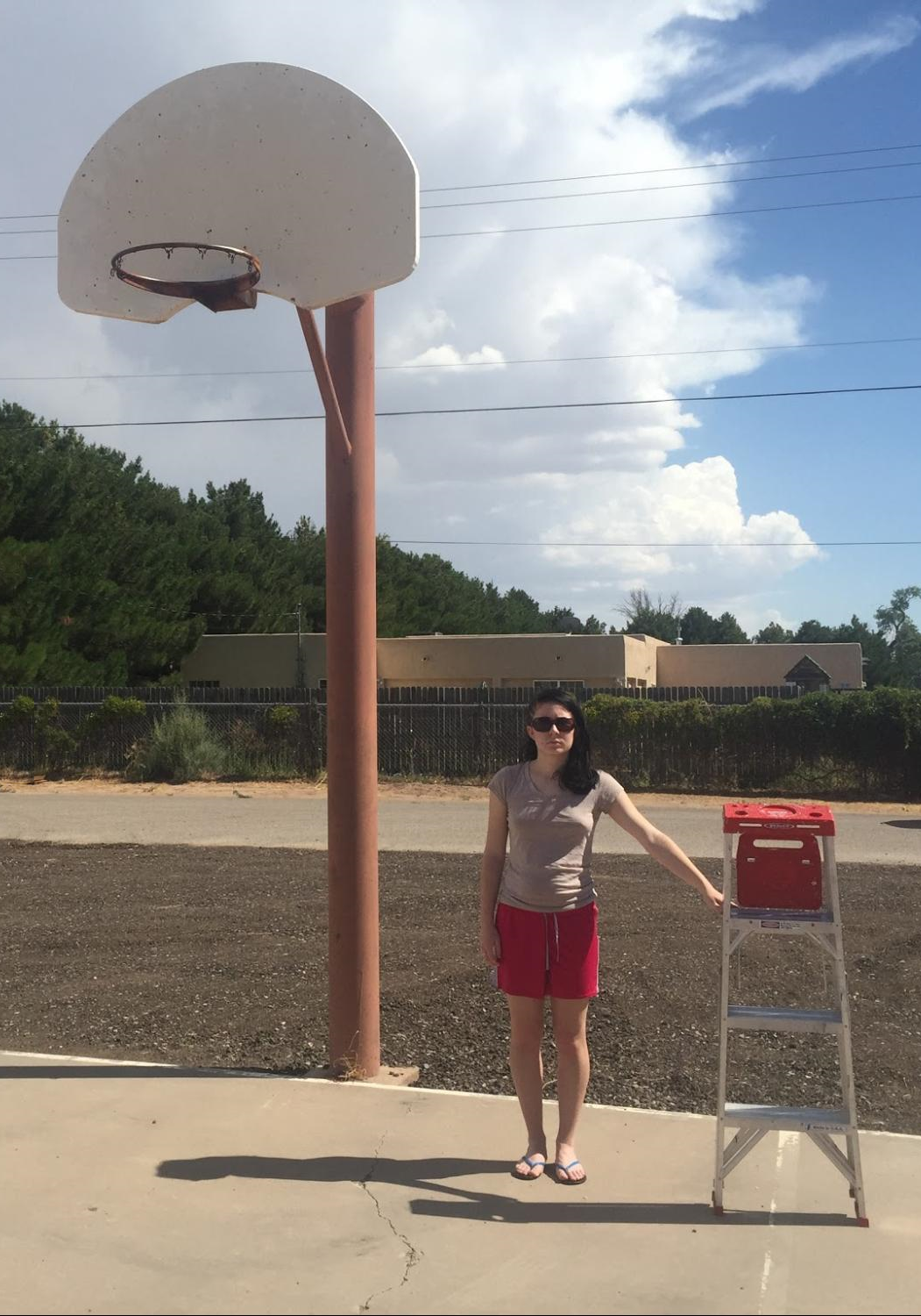 A picture of a basketball hoop, woman, and step ladder.