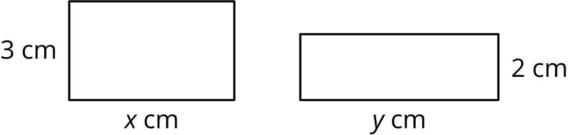 Two rectangles. First, 3 centimeters by x centimeters. Second, y centimeters by 2 centimeters.