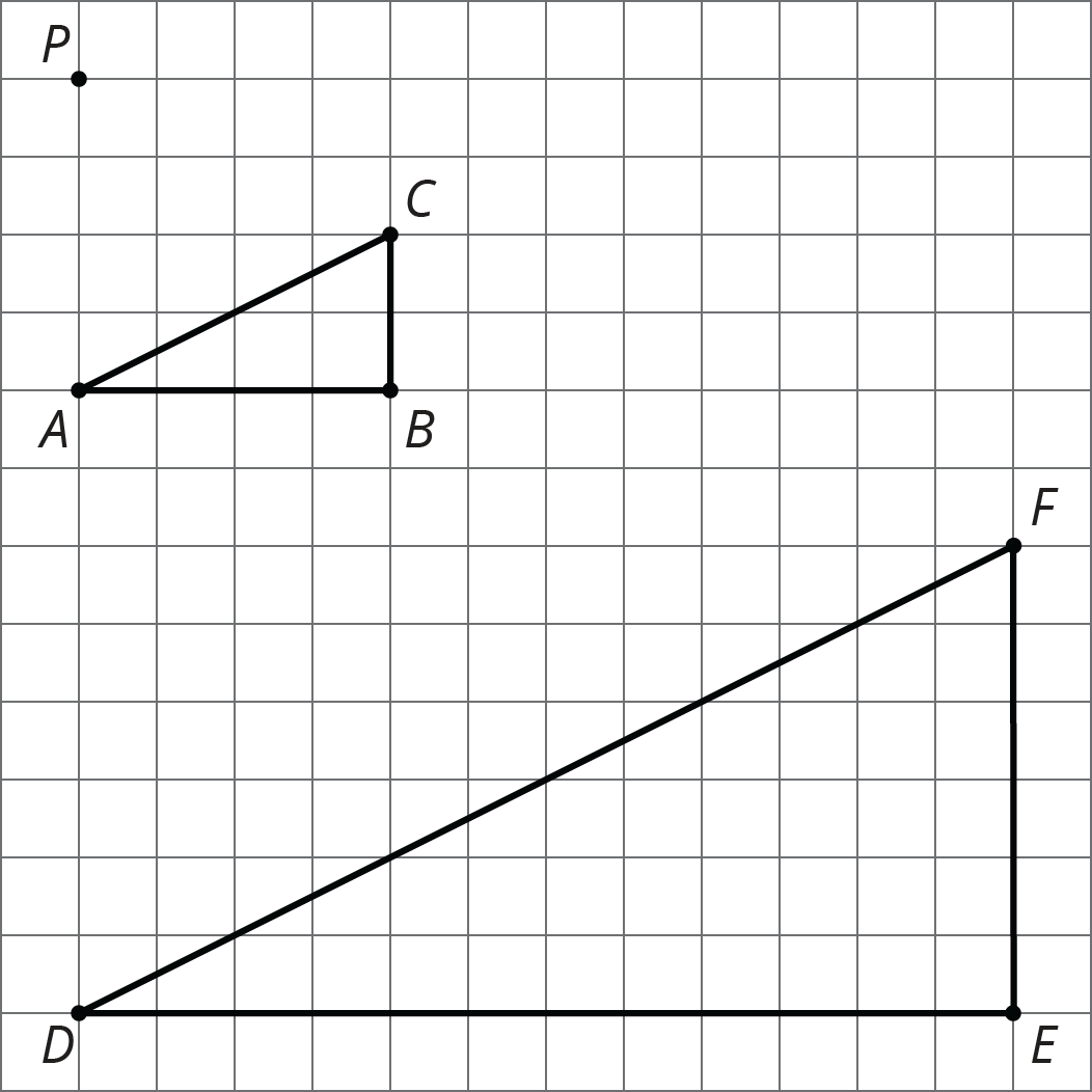 A point P on a grid. Triangle A, B C. Point A 4 below P, point B is 4 right from A, point C 2 up from B. Triangle D E F. Point D 12 below P, point E is 12 right from D, point F is 6 up from E.