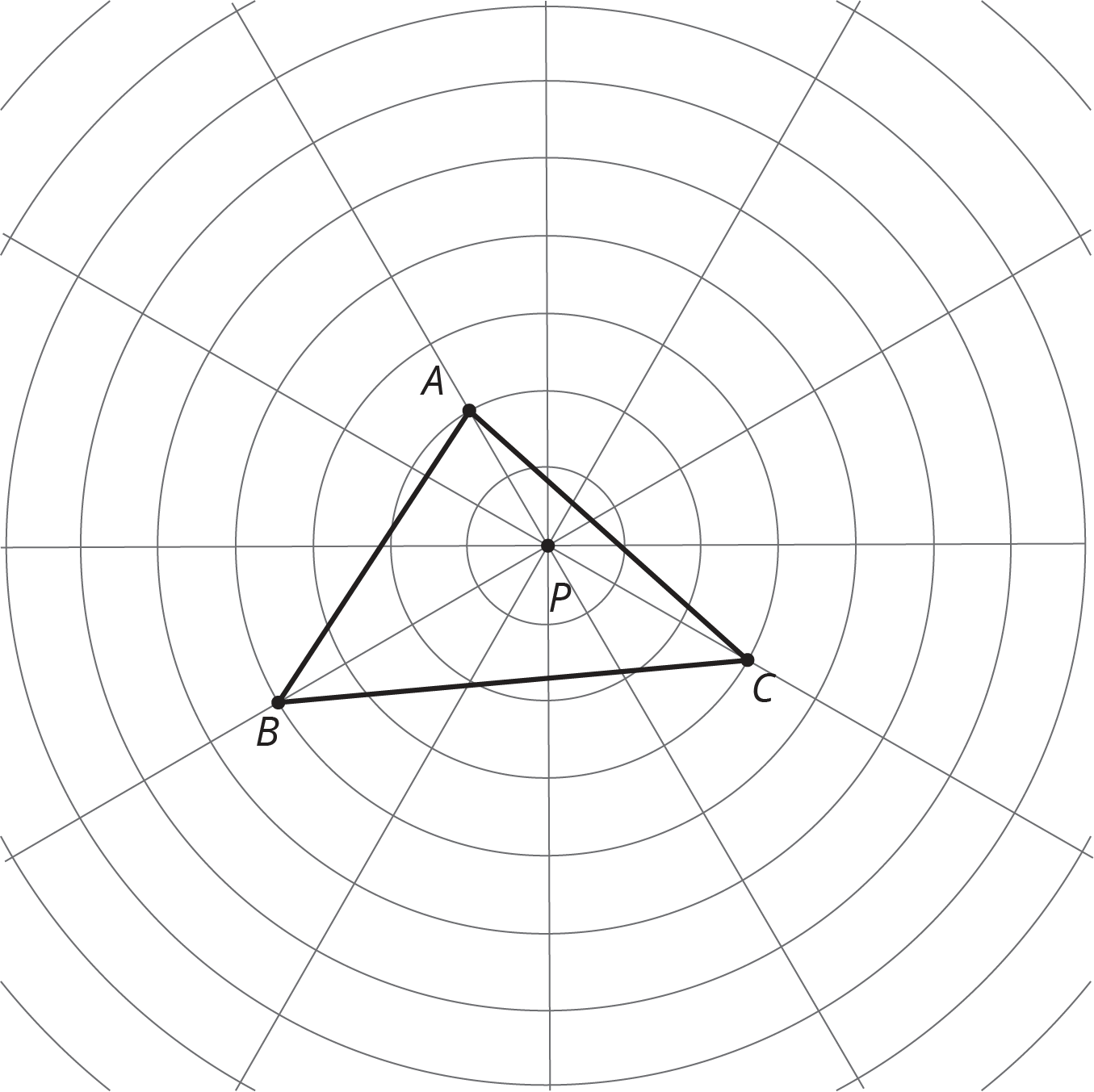 Triangle A B C and point P on a circular grid. The coordinates of triangle A B C are A(negative 2 comma 2), B(negative 4 comma negative 1) and C(3 comma negative 1) and of point P at P(0 comma 0).