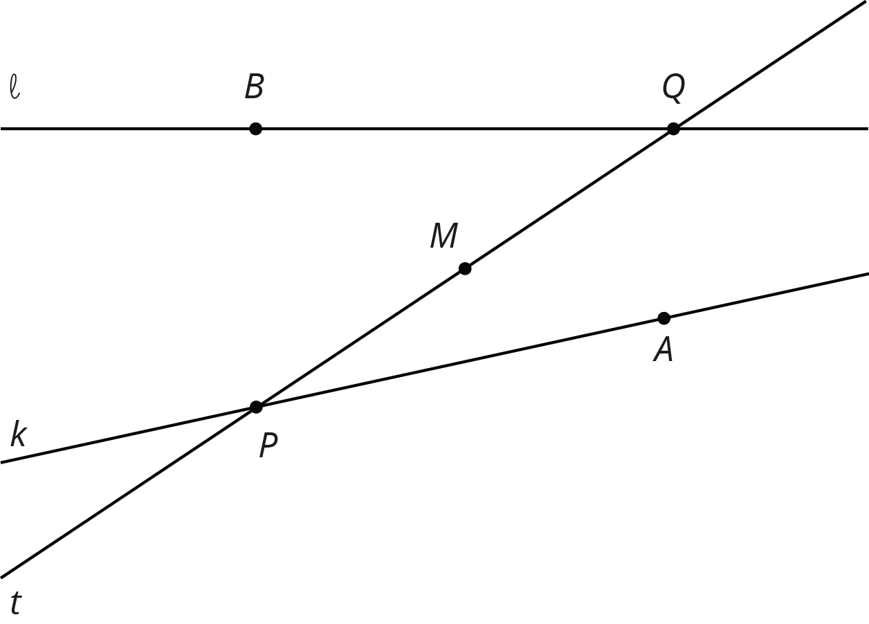 Line l contains points B and Q. Line k contains points P and A. Line t contains points P and Q.