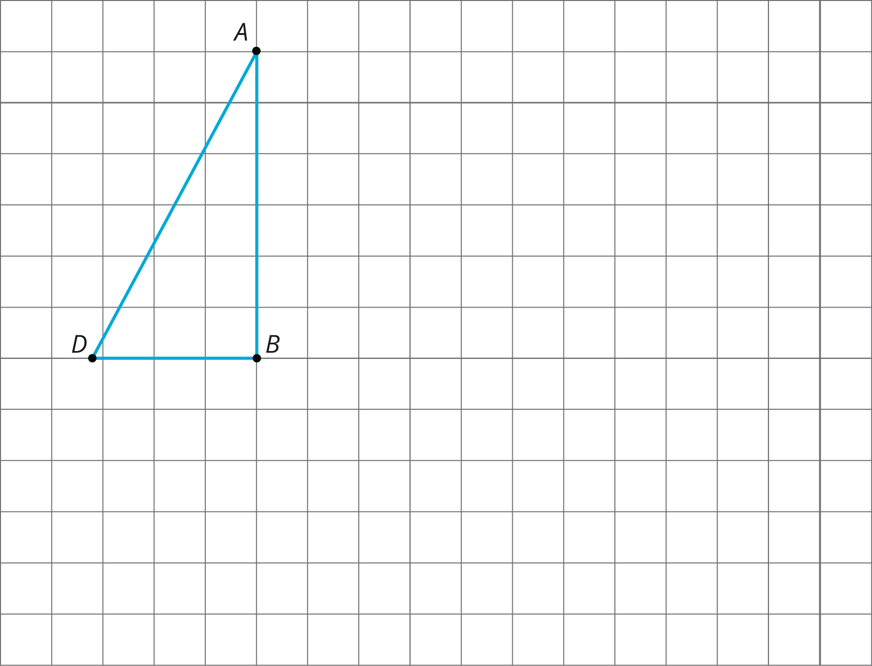 A right triangle A, B, C on a square grid. The right angle is at B.