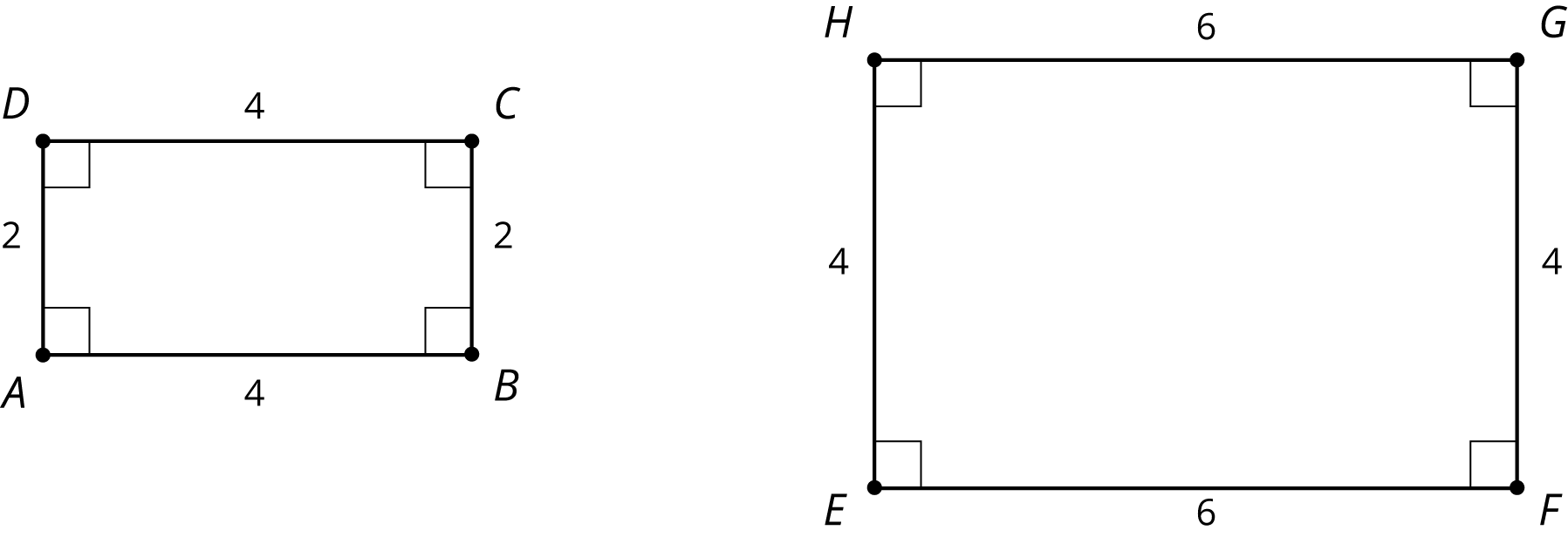 Two rectangles, first sides 4, 2, 4, 2 units. Second sides 6, 4, 6, 4.