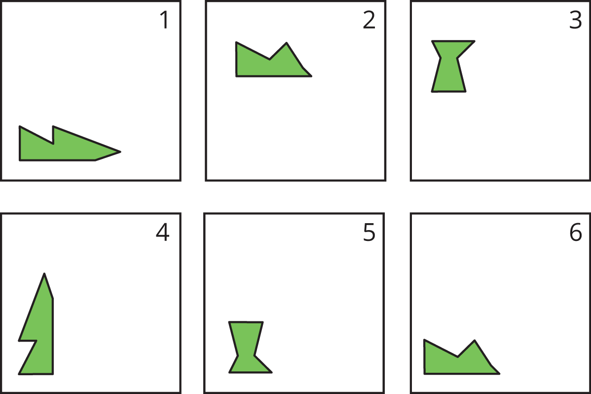 6 panels each showing the one of three different figures in different positions and orientations.