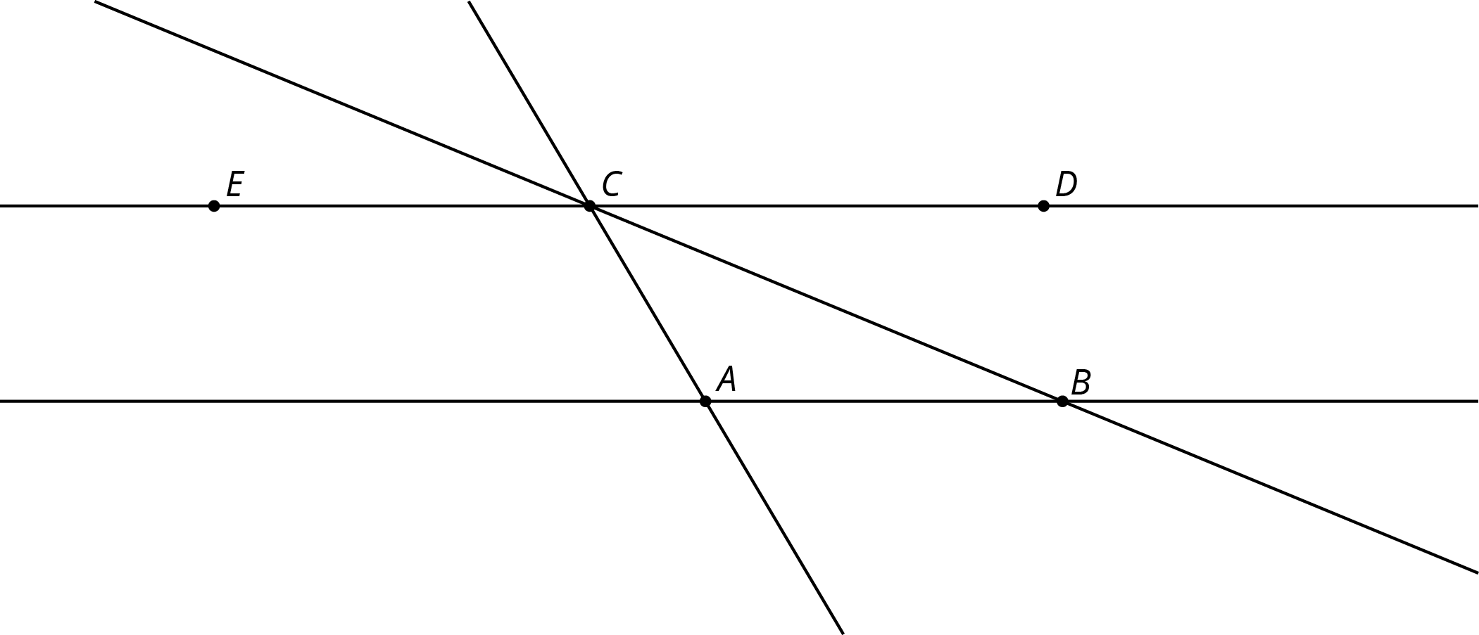 Four lines. Line A B. Line A C. Line C B. Line E D. Point C lies on line E D.