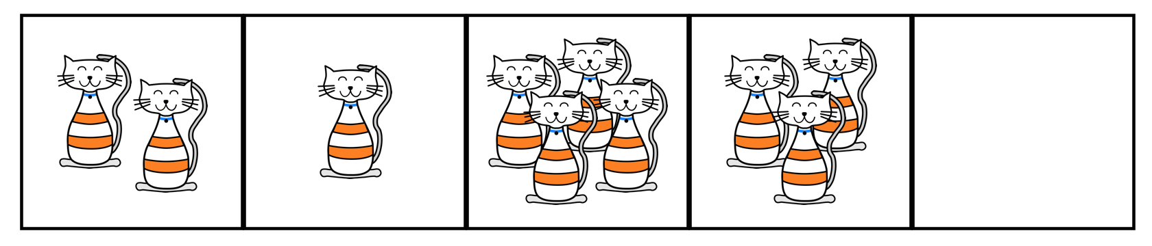 Five squares represent 5 crates. The number of cats pictured in each crate is 2, 1, 4, 3, 0.