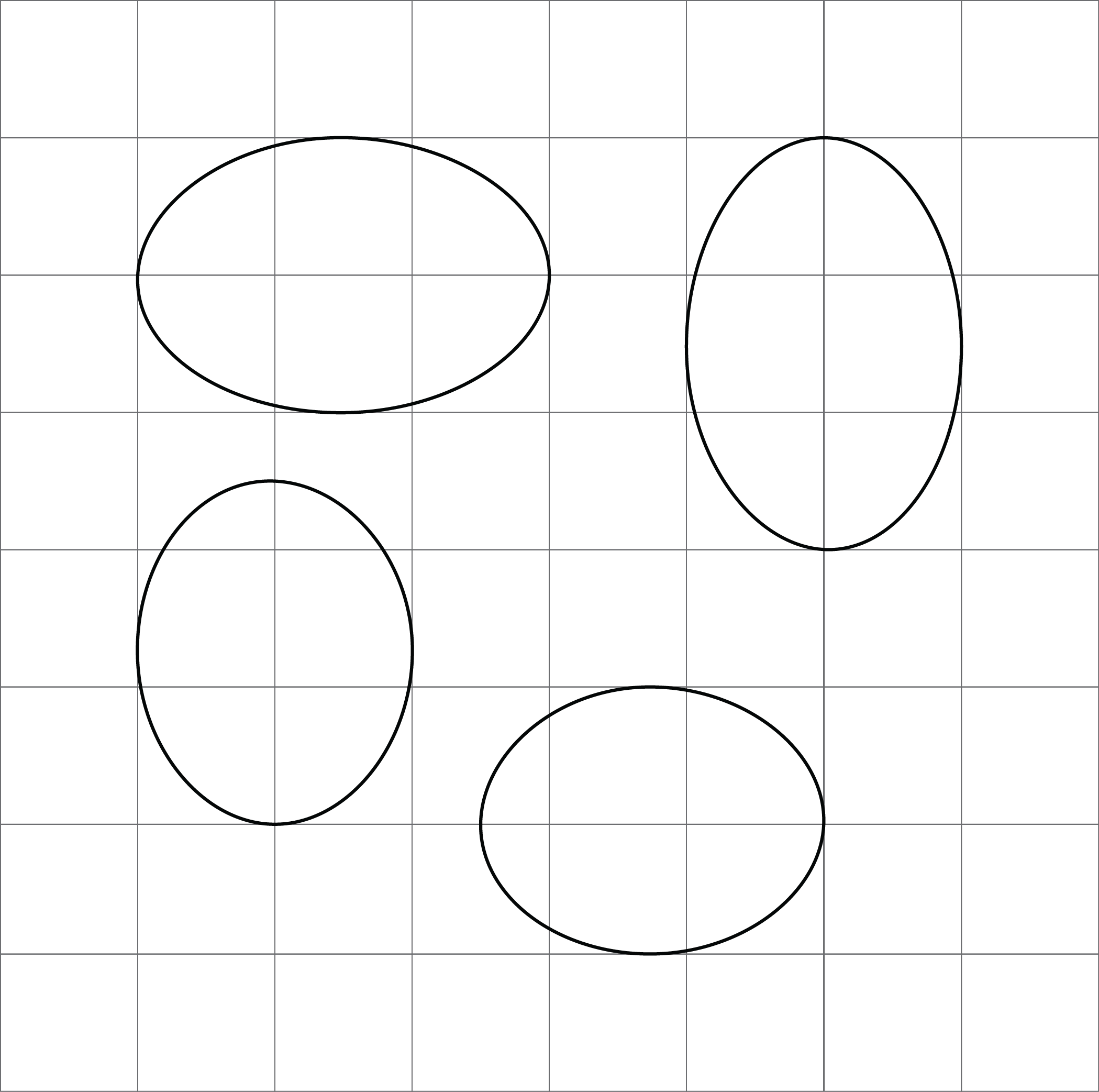 Four ovals on a square grid. There is one pair of small ovals and one pair of larger ovals. Each pair has the long length in the horizontal and vertical orientation.