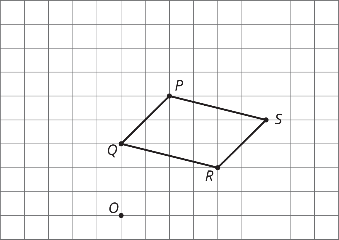 Quadrilateral P Q R S and point O on a square grid.